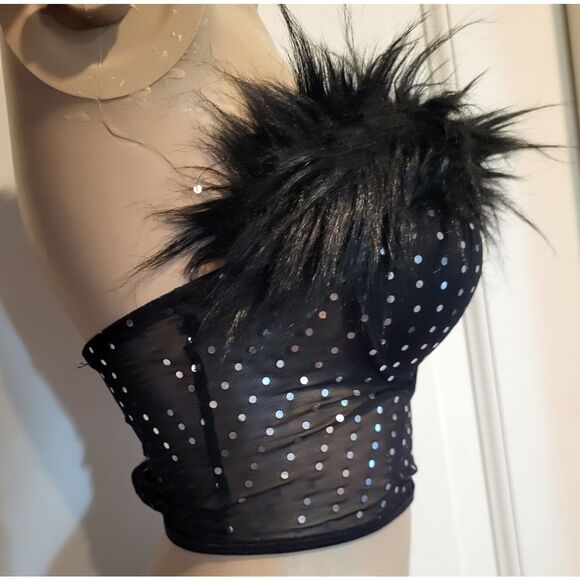 Strapless Faux Fur Sequin Mesh Bustier Crop Top Push Up Tube Top Sz s - Picture 3 of 5